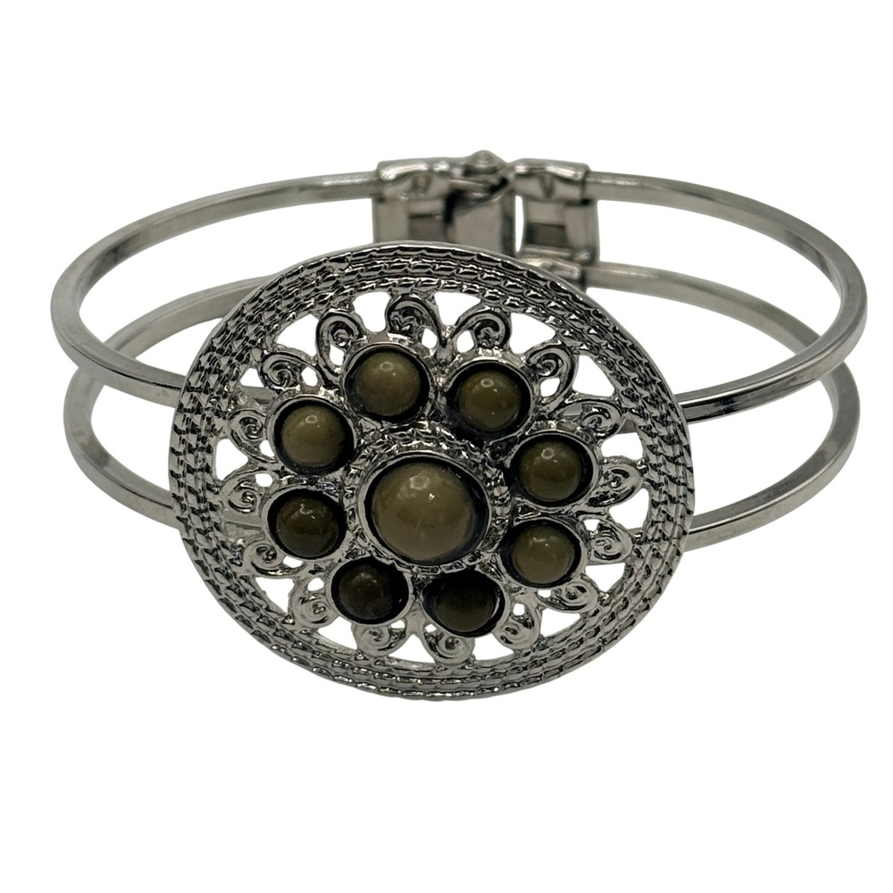 Vintage Medallionโ Cuff Bracelet Filigree Olive Green Silver Tone One Size Women
